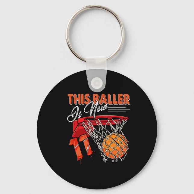 11th Birthday Bysketbyll Fun 11 Years Old Kids Gif Keychain (Front)
