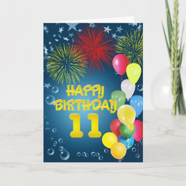 11th Birthday card with fireworks and balloons (Front)