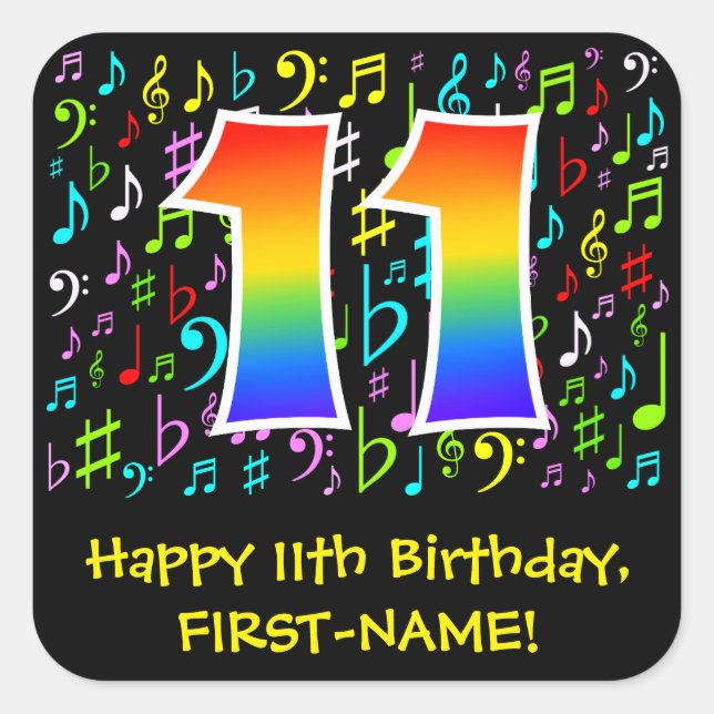 11th Birthday: Colourful Music Symbols, Rainbow 11 Square Sticker (Front)