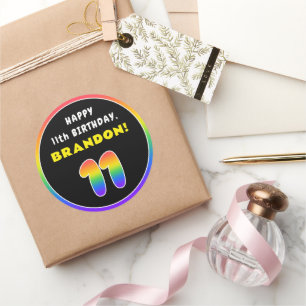 11th Birthday: Colourful Rainbow # 11, Custom Name Classic Round Sticker