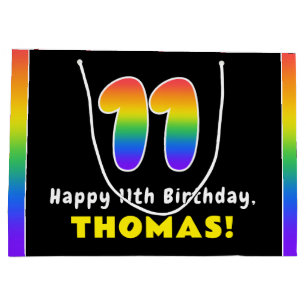 11th Birthday: Colourful Rainbow # 11, Custom Name Large Gift Bag