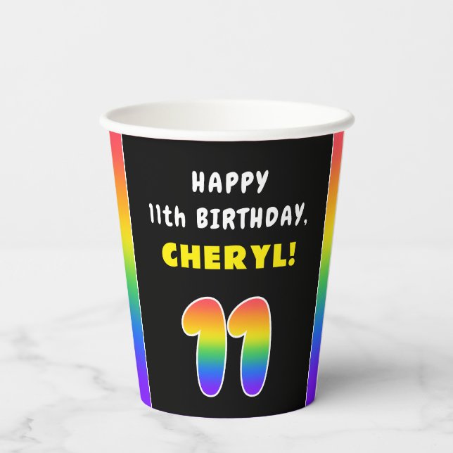 11th Birthday: Colourful Rainbow # 11, Custom Name Paper Cups (Back)