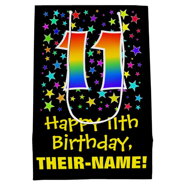 11th Birthday: Colourful Stars Pattern & Rainbow 1 Medium Gift Bag (Back)