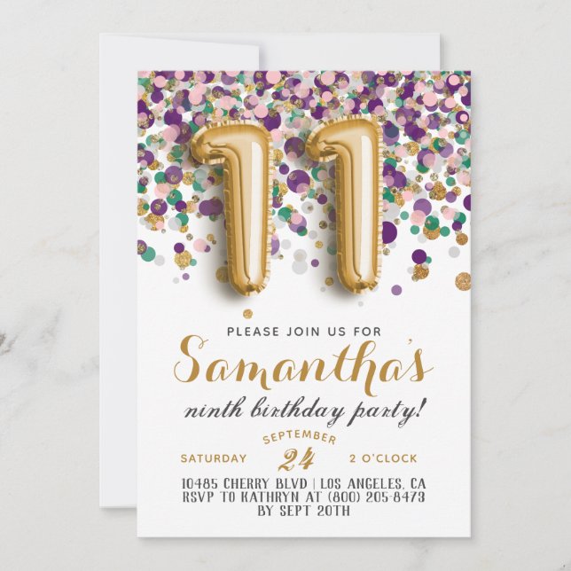 11th Birthday Confetti Invitation (Front)
