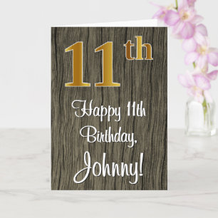 11th Birthday: Elegant Faux Gold Look #, Faux Wood Card