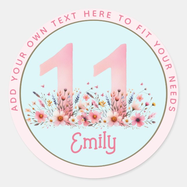 11th Birthday Fairy Floral Pink Princess Fairytale Classic Round Sticker (Front)
