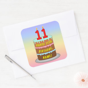 11th Birthday: Fun Cake and Candles + Custom Name Square Sticker