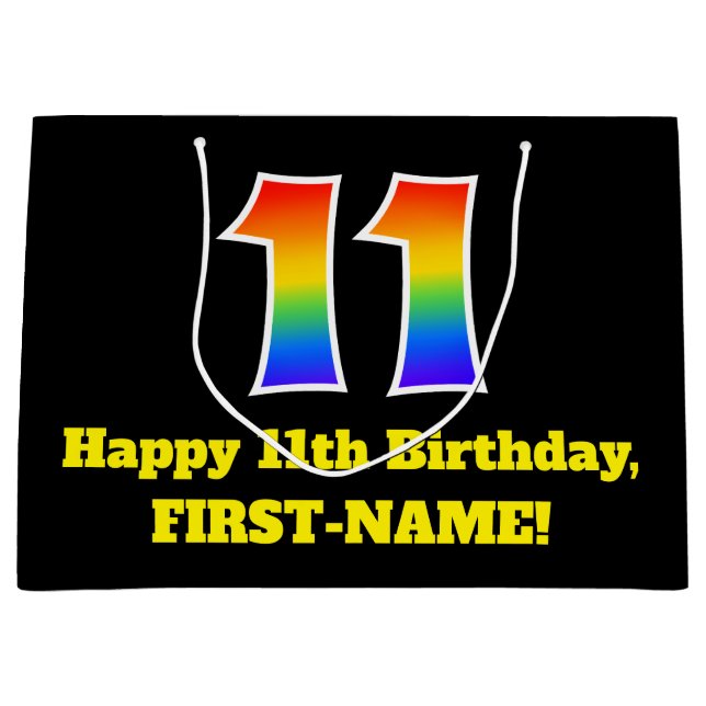 11th Birthday ~ Fun, Colourful, Vibrant, Rainbow 1 Large Gift Bag (Front)