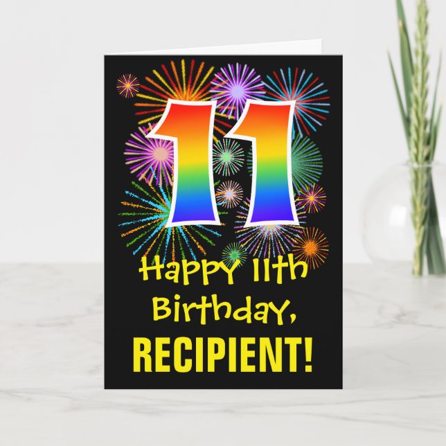 11th Birthday: Fun Fireworks Pattern + Rainbow 11 Card (Front)