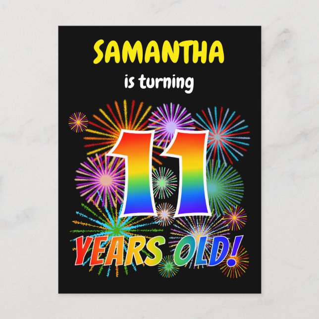 11th Birthday - Fun Fireworks, Rainbow Look "11" Postcard (Front)