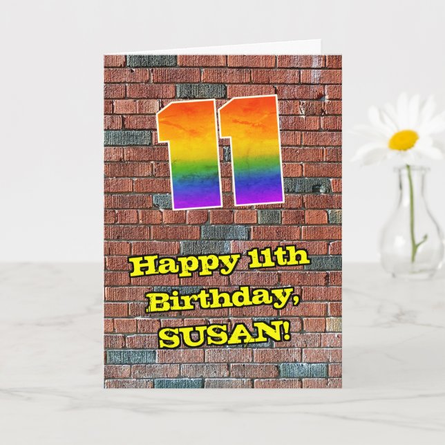 11th Birthday: Fun Graffiti-Inspired Rainbow 11 Card (Small Plant)