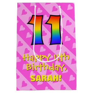 11th Birthday: Fun Pink Hearts Stripes; Rainbow 11 Medium Gift Bag