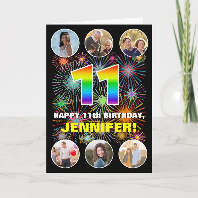 11th Birthday: Fun Rainbow #, Custom Name & Photos Card (Front)