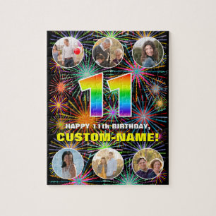 11th Birthday: Fun Rainbow #, Custom Name + Photos Jigsaw Puzzle