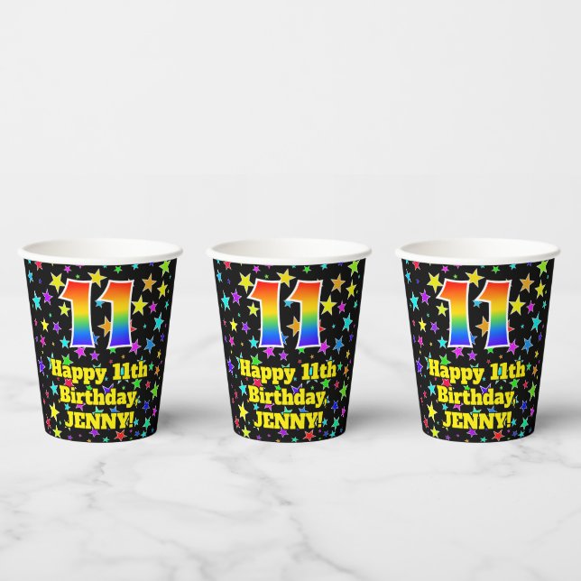 11th Birthday: Fun Stars Pattern and Rainbow 11 Paper Cups (Multi)
