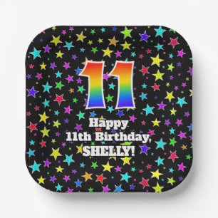 11th Birthday: Fun Stars Pattern and Rainbow “11” Paper Plate