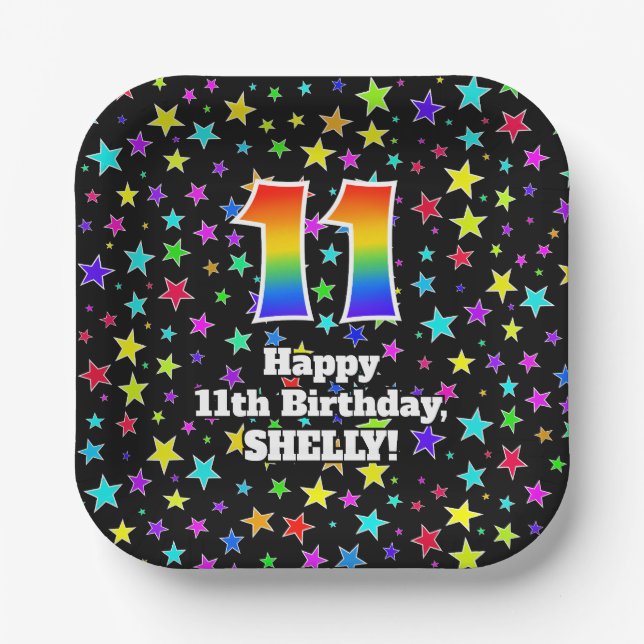 11th Birthday: Fun Stars Pattern and Rainbow “11” Paper Plate (Front)