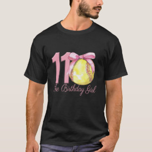 11th Birthday Girl Softball Team Coquette Pink Bow T-Shirt