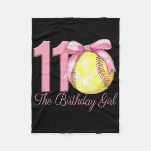 11th Birthday Girl Softll Team Coquette Pink Bow 1 Fleece Blanket