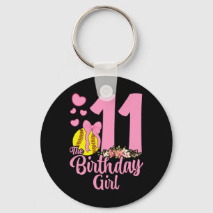 11th Birthday Girl Softll Team Coquette Pink Bow 1 Keychain