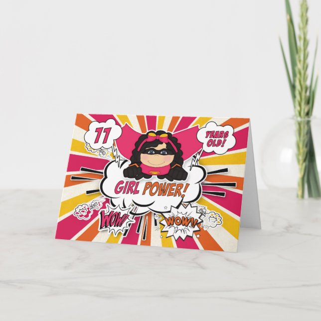 11th Birthday Girls Super Kids Pink Comic Book Card (Front)