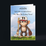 11th Birthday Grandson Personalize Baseball Monkey Card<br><div class="desc">Hit a home run with this personalized baseball birthday card for your grandson’s 11th birthday! A fun monkey, geared up with his bat and glove, stands against a bright blue sky, ready for action. Personalize the front with his name to make this a unique and memorable keepsake. A perfect choice...</div>