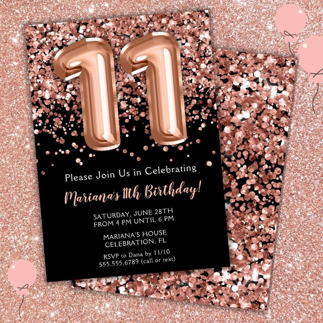 11th Birthday Invitation Black Rose Gold Glitter (Creator Uploaded)