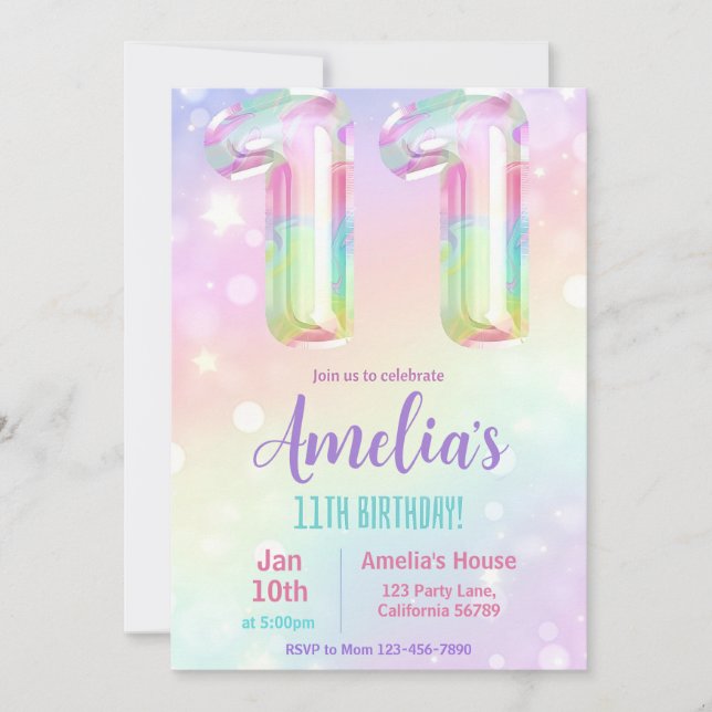 11th Birthday Invitation Girl 11th Birthday Party  (Front)