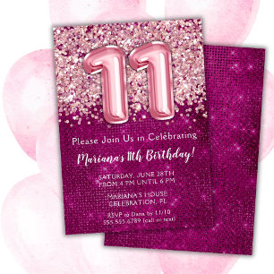 11th Birthday Invitation Girl Magenta Pink Glitter