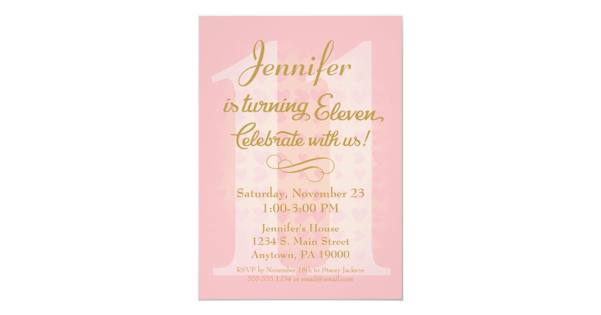 11th Birthday Invitation Girls Pink Gold Hearts Zazzle.ca