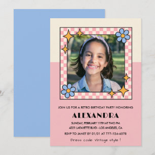 11th birthday invitation Retro Groovy Pink Flowers