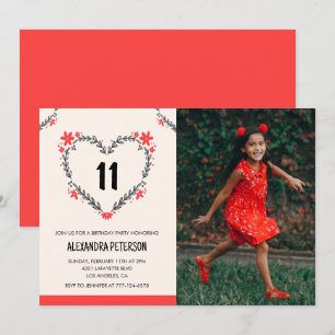 11th birthday invitations for her Floral Heart