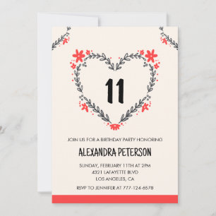 11th birthday invitations for her floral heart