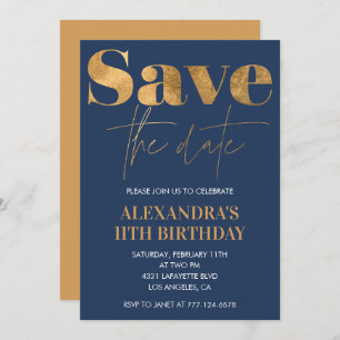11th birthday invitations Save the date Gold Navy