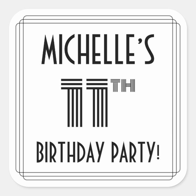 11th Birthday Party: Art Deco Style + Custom Name Square Sticker (Front)
