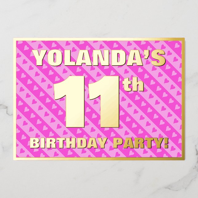 11th Birthday Party — Fun Pink Hearts and Stripes (Front)