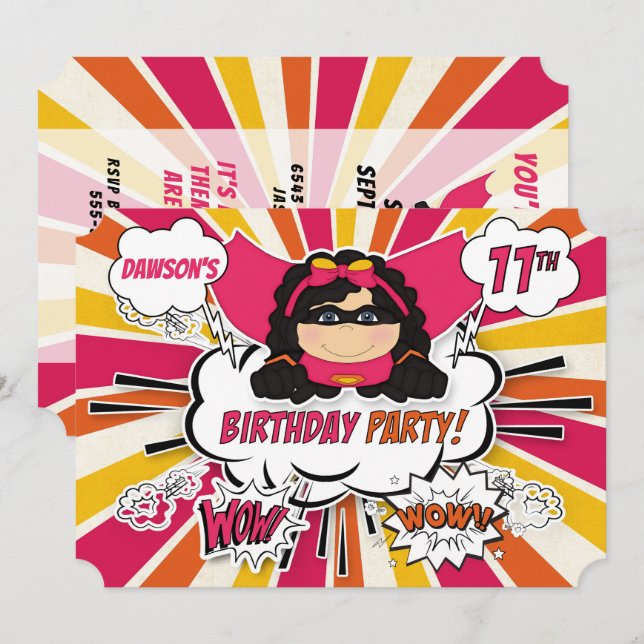 11th Birthday Party Girls Superhero Pink Comic Inv Invitation (Front/Back)
