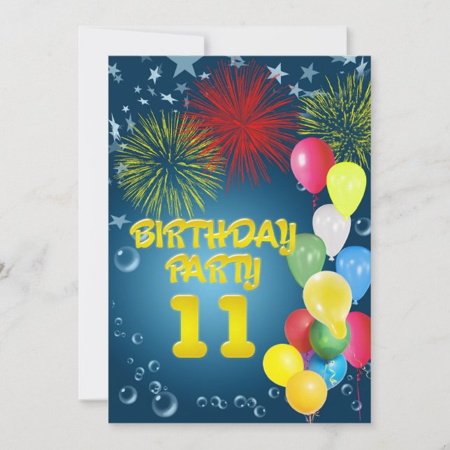 11th Birthday party Invitation with balloons (Front)