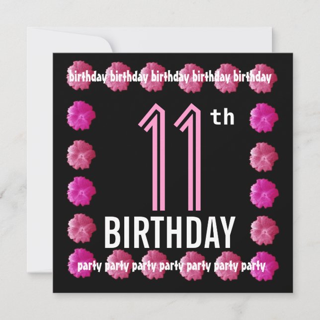 11th Birthday Party Pink Flowers For Her W762 Invitation (Front)