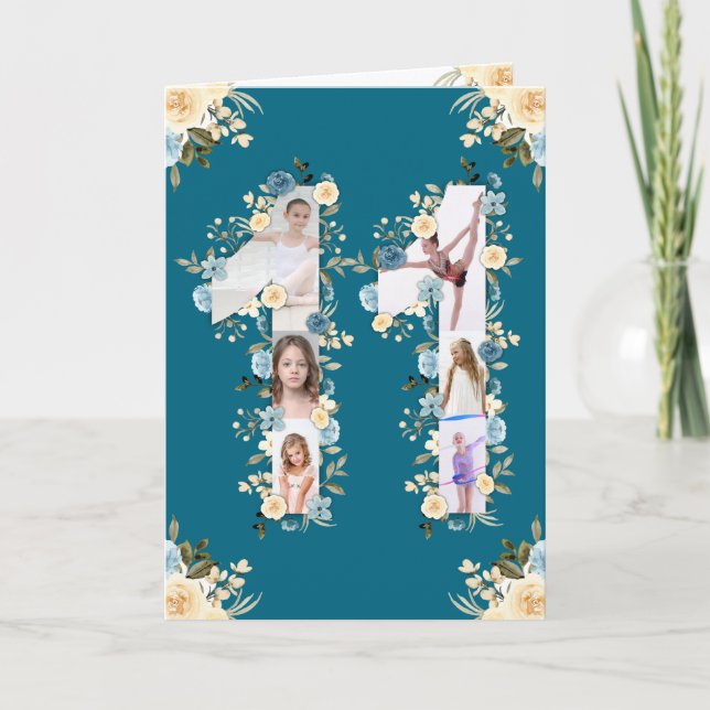 11th Birthday Photo Collage Yellow Flower Teal Card (Front)