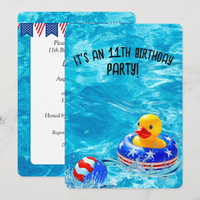 11th Birthday Pool Party With Yellow Duck Invitation (Front/Back)