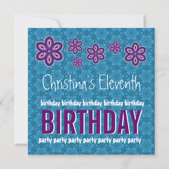 11th Birthday Purple Flowers Custom Name Invitation (Front)