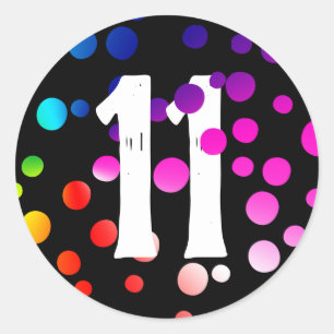 11th Birthday Rainbow Dots on Black Classic Round Sticker