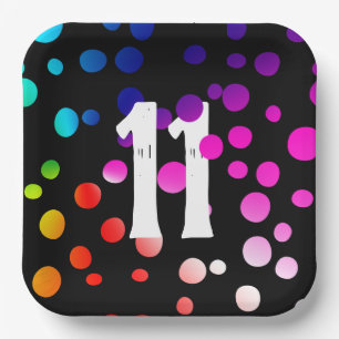 11th Birthday Rainbow Dots on Black Paper Plate