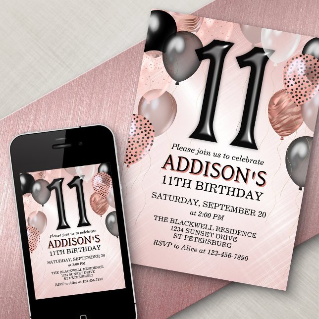 11th Birthday Rose Gold Balloons Invitation (Creator Uploaded)