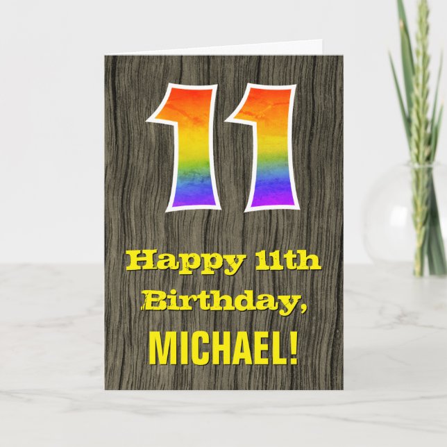 11th Birthday: Rustic Faux Wood Look, Rainbow "11" Card (Front)
