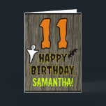 11th Birthday: Spooky Halloween Theme, Custom Name Card<br><div class="desc">The front of this scary and spooky Hallowe'en birthday themed greeting card design features a large number "11", along with the message "HAPPY BIRTHDAY, ", and a personalized name. There are also depictions of a ghost and a bat on the front. The inside features a customized birthday greeting message, or...</div>