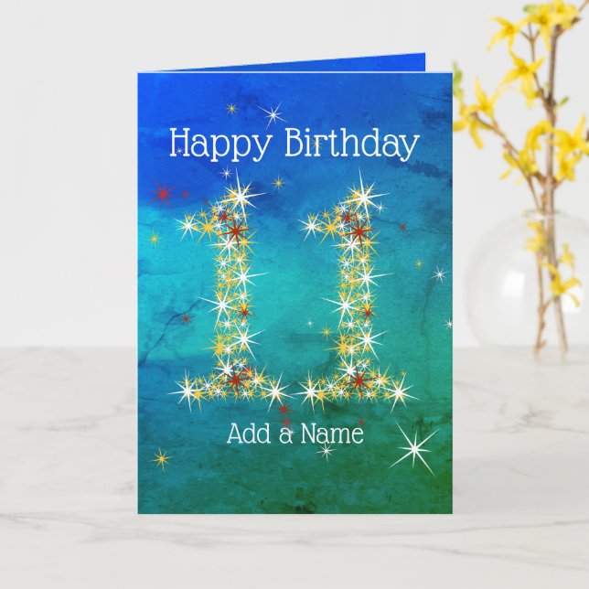 11th Birthday - Star Numbers - Blue Green - Age 11 Card (Yellow Flower)