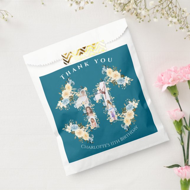 11th Birthday Teal Flower Photo Collage Yellow Favour Bag (Sealed)