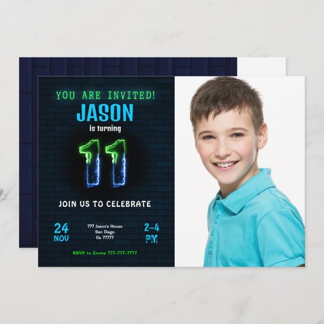 11th Boy Birthday Photo Invitation (Front/Back)
